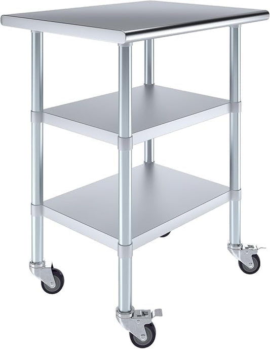 Stainless Steel Work Table with 2 Shelves and Casters | Metal Utility Table On Wheels (30" Long x 24" Deep)