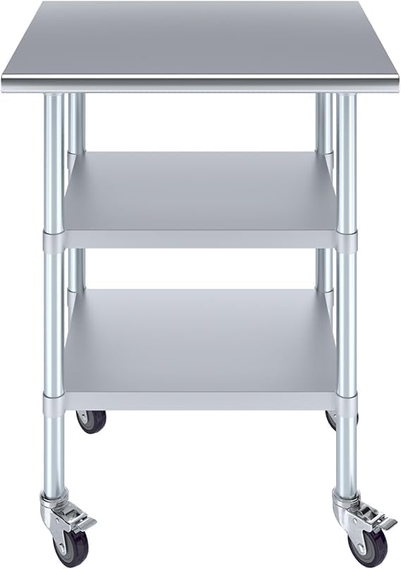 Stainless Steel Work Table with 2 Shelves and Casters | Metal Utility Table On Wheels (30" Long x 24" Deep)