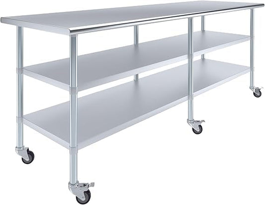 Stainless Steel Work Table with 2 Shelves and Casters | Metal Utility Table On Wheels (96" Long x 30" Deep)