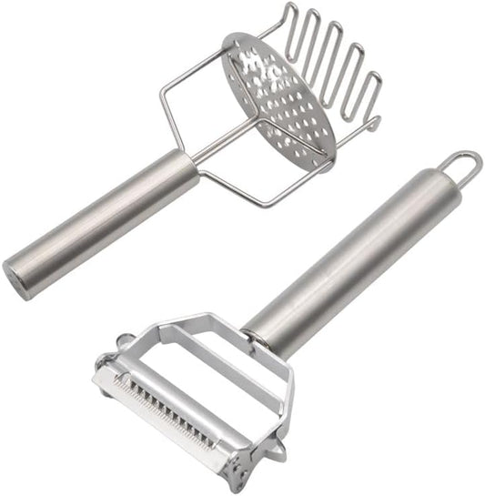 3-in-1 Multi-Peeler Stainless Steel Potato Masher Set,2-Piece Kitchen Tools for Peeler Vegetables,Carrots,Apple and Masher,Banans,Puree Making