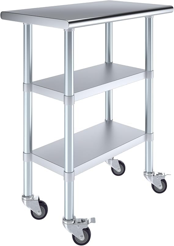 Stainless Steel Work Table with 2 Shelves and Casters | Metal Utility Table On Wheels (30" Long x 18" Deep)