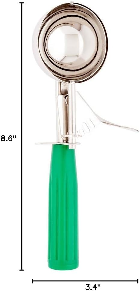 Restaurantware Met Lux 3.25 Ounce Portion Scoop 1 Trigger Release Cookie Scoop - With Green Handle Stainless Steel Disher For Portion Control Scoop Cookie Dough Cupcake Batter Or Ice Cream