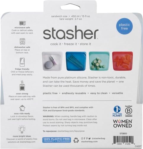 Stasher Premium Silicone Reusable Food Storage Sandwich Bag, Clear, Microwave, Sous Vide, Dishwasher, Oven and Freezer Safe, BPA Free, Leak-free, Eco-friendly, 28 Oz (Pack of 2)