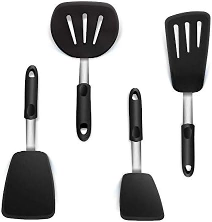 Set of 4 Silicone Spatula Utensils by Boxiki Kitchen. Professional Silicone and Stainless Steel Kitchen Spatula for Cooking, Pancakes, Eggs and Fish.