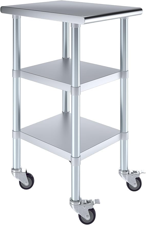 Stainless Steel Work Table with 2 Shelves and Casters | Metal Utility Table On Wheels (18" Long x 24" Deep)