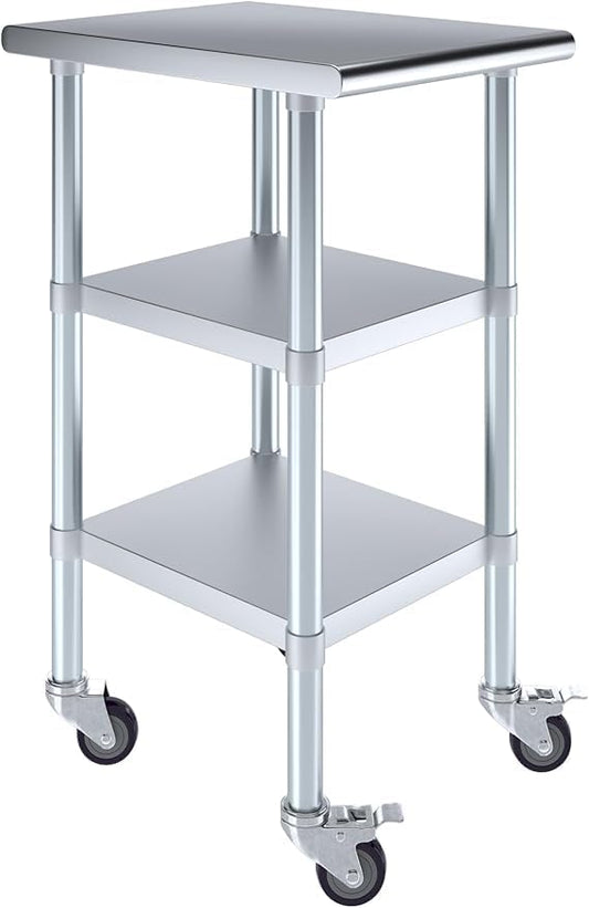 Stainless Steel Work Table with 2 Shelves and Casters | Metal Utility Table On Wheels (18" Long x 24" Deep)