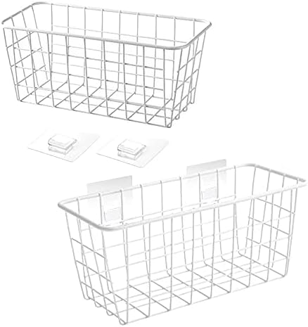 2 Set LeleCAT Hanging Wall Basket Organizer Over the Cabinet Door Adhesive Wire Baskets for Organizing Kitchen Food Pantry Bathroom Shelf Storage No Drilling Wall Mounted,White
