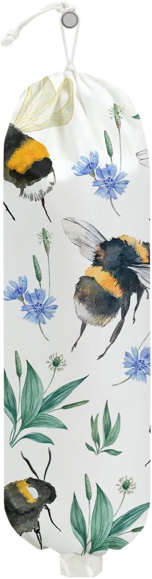 Bee Plastic Bag Holder, Wall Mount Grocery Bag Holder, Plastic Storage bag, Pull Rope Free Adjustment, Plastic Bag Holders for Grocery Bags, Plastic Bag Dispenser for Home Kitchen