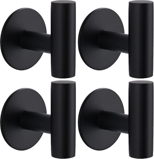 Adhesive Towel Hooks, Heavy Duty Wall Hooks Stainless Steel Waterproof Shower Towel Hooks, Coat Hook for Hanging Clothes, Adhesive Hooks for Bathroom, Glass Window- 4 Pack, Black