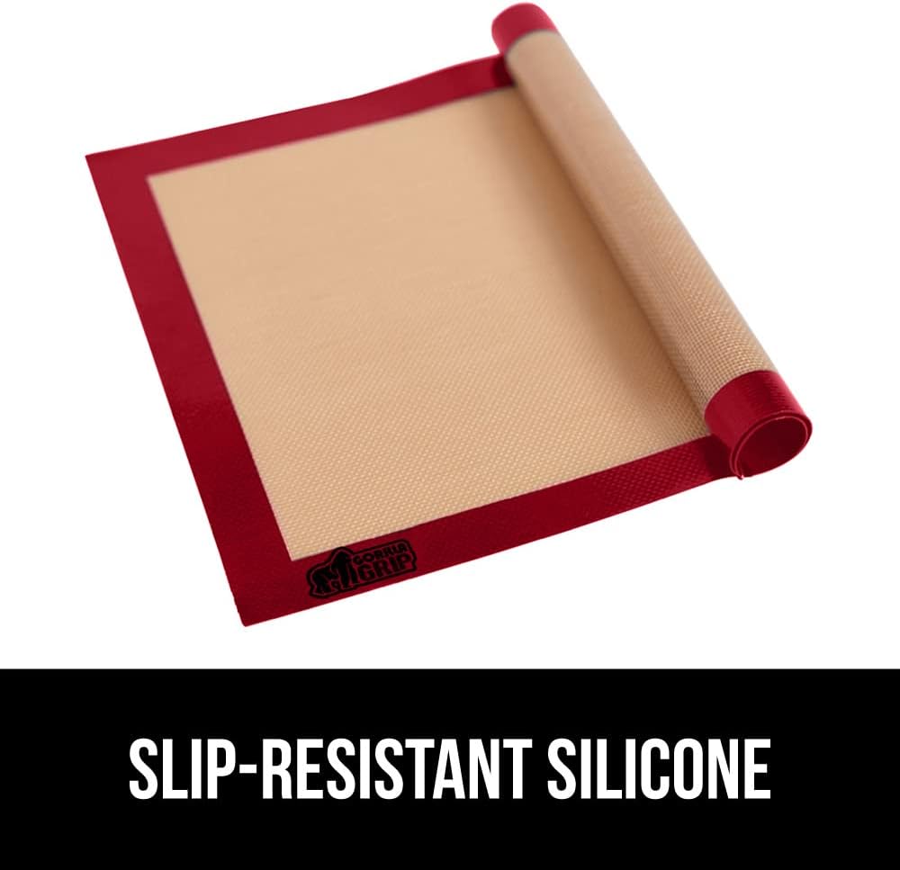 GORILLA GRIP Reusable Nonstick Silicone Baking Mat, 2 Pack, 16.5x11.87, BPA-Free Oven Safe Food Liner, For Cookie Sheets, No Mess Easy Clean Pastry Mats, Kitchen Essential, Half Sheet Size, Red