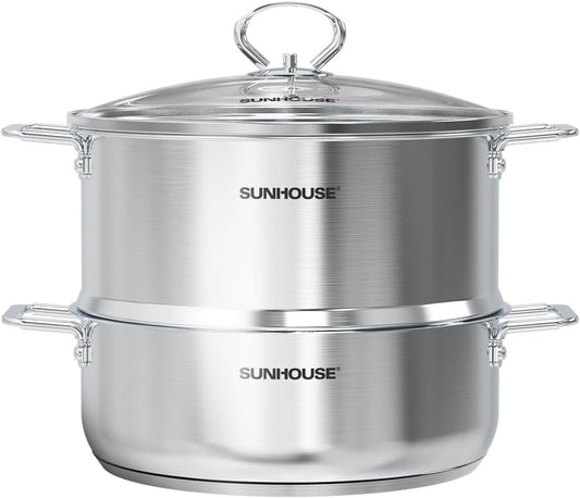 [New Version] Sunhouse 2-Tier Stainless Steel Steamer Pot with Lid - Larger 5.5 QT Steamer & 3.8 QT Stockpot Base - Induction Ready, Compatible with All Cooktops