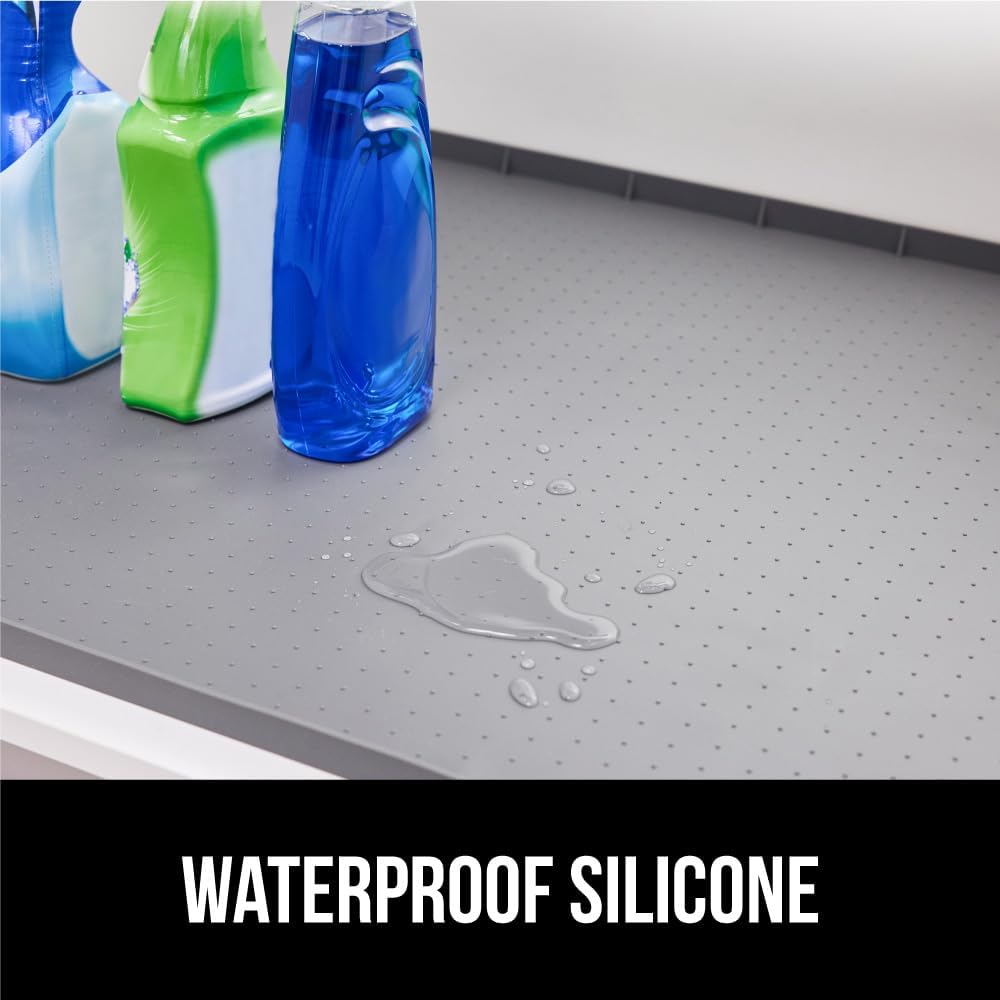 GORILLA GRIP Waterproof Silicone Under Sink Mat with Raised Lip for Kitchen and Bathroom, Cabinet Shelf Liner Stay in Place Mats Dishwasher Safe Drawer Liner, Organizer Tray, 15 x 22 in, Gray