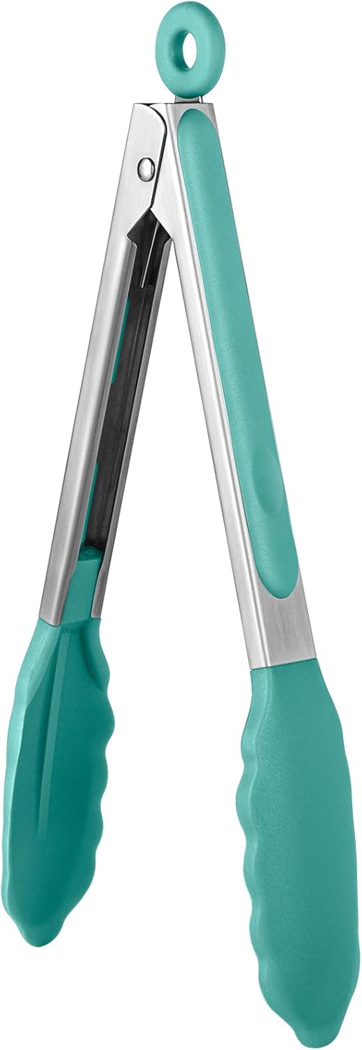 600ºF Heat Resistant Kitchen Tongs: U-Taste 9 inch Silicone Cooking Tong with Firm Sealed Non Stick Rubber Tips & Silicon Coated 18/8 Stainless Steel Handle & Smooth Locking for Serving Salad-Aqua Sky