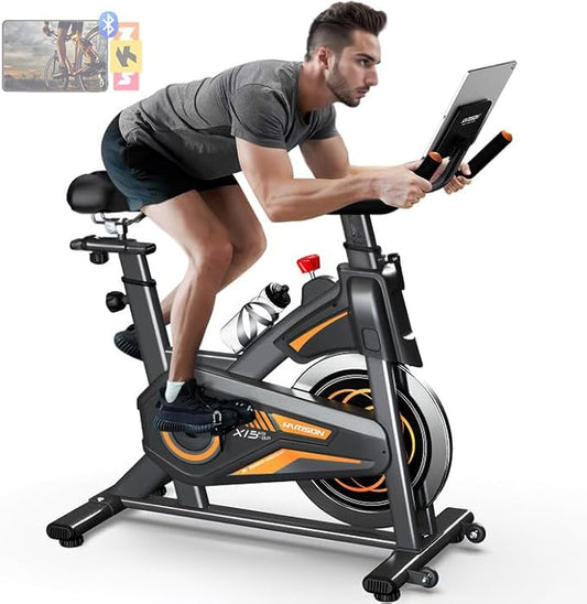 HARISON Exercise Bike, Stationary Bike for Home 350 lb Weight Capacity, Magnetic Workout Bike with Bluetooth App, Brake Pad Indoor Cycling Bike with Tablet Mount & Comfortable Seat Cushion