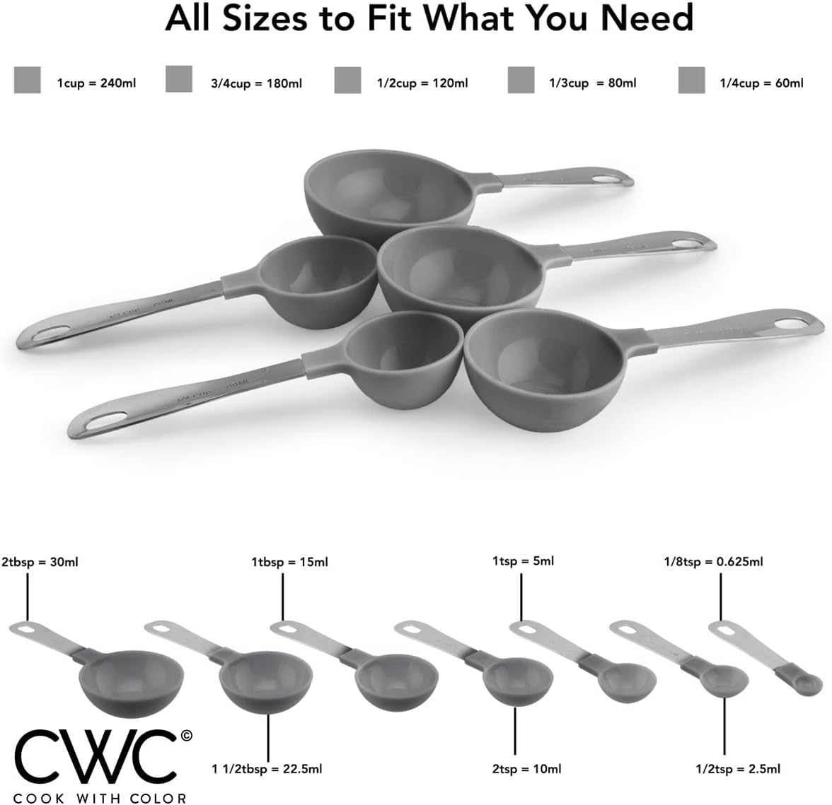COOK WITH COLOR Measuring Cups Set and Measuring Spoon Set, Stainless Steel Handles, Nesting Kitchen Measuring Set, Liquid Measuring Cup Set, 12 PC Stainless Steel, Gray