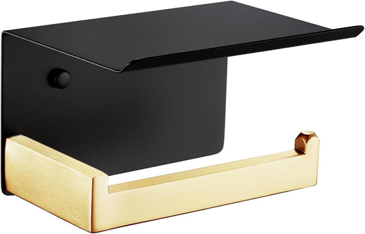 KOKOSIRI Toilet Paper Holders with Shelf Bathroom Toilet Paper Roll Holder Wall Mounted T-304 Stainless Steel, Matte Black and Gold B2010GDK