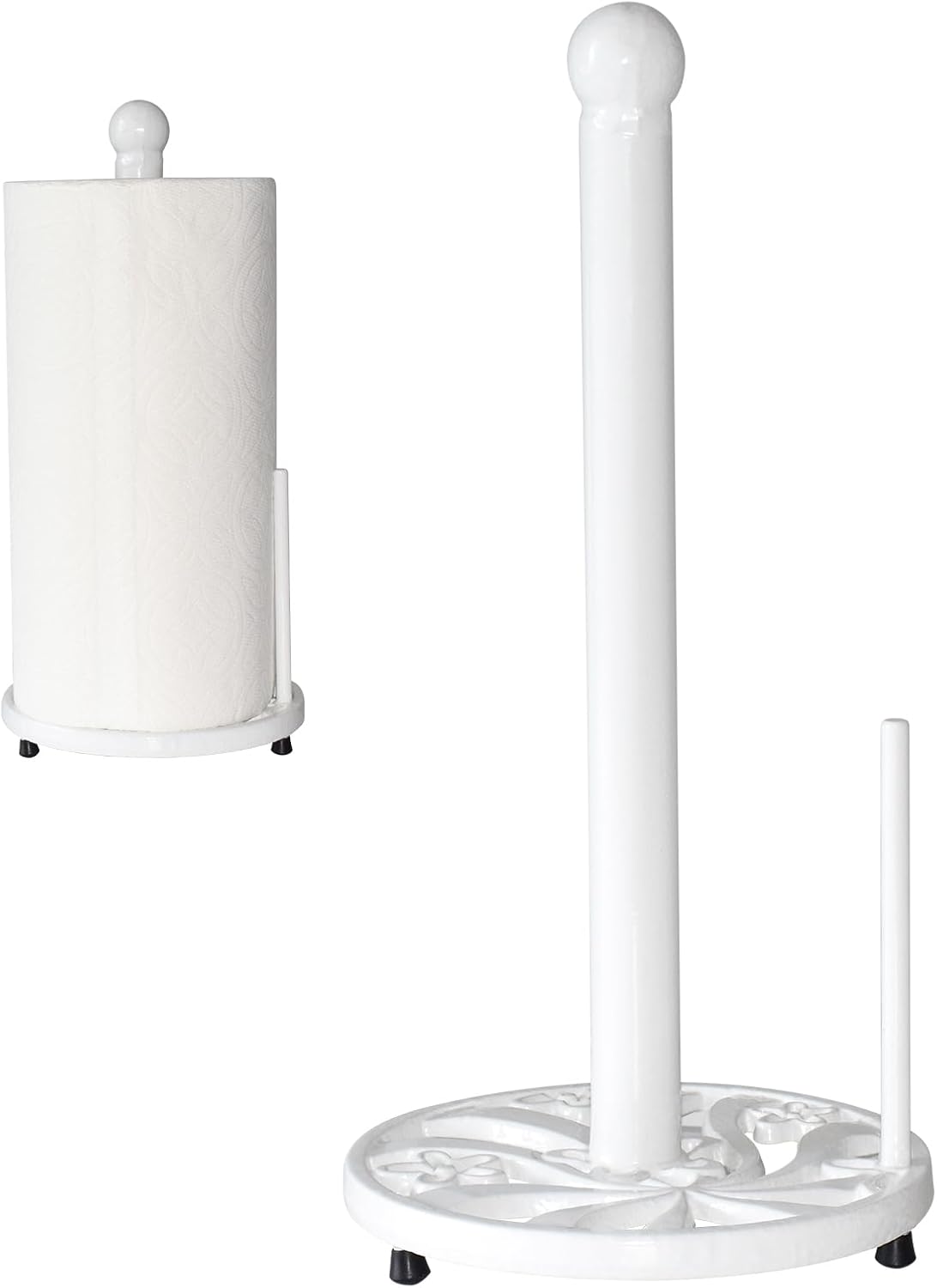 Vintage Paper Towel Holder Countertop - Cast Iron Standing Roll Paper Towel Dispenser with Elegant and Heavy Daffodil Pattern Base for Kitchen Décor, White