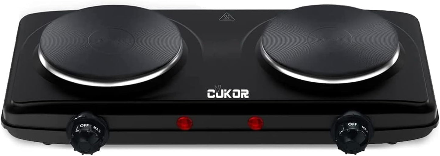 CUKOR Electric Hot Plate, Double Cast Iron 2 Burner, 1800W Countertop Burner, Dual Electric Stove Burners, Portabel Electric Cooktop, Portabel Double Burner for Cooking