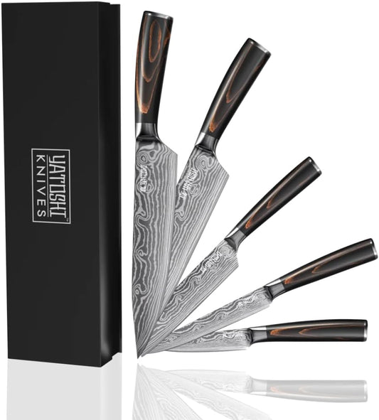 Yatoshi 5 Piece Knife Set - Pro Kitchen Knife Set Ultra Sharp High Carbon Stainless Steel with Ergonomic Handle