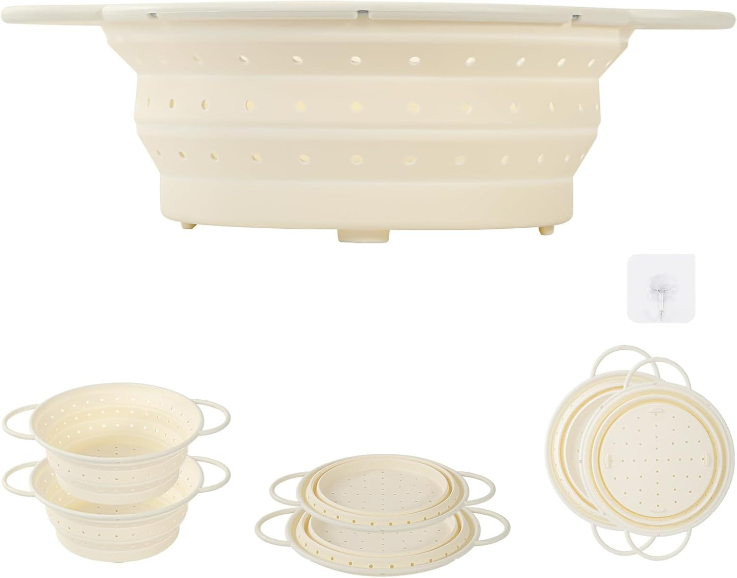 Kkioiome Strainers and Colanders, Silicone Collapsible Sink Collander, 13in, Strainers and Colanders for Kitchen, Large Drainer for Vegetable, Food, Pasta (White)