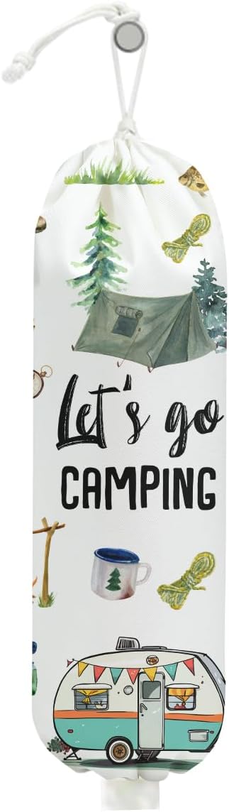 Camping Plastic Bag Holder, Wall Mount Trash Bag Holder, Tent Rv Bonfire Large Reusable Grocery Bags Organizer Storage Dispenser for Camp Kitchen Pantry, Camping Gifts for Women Men Camper