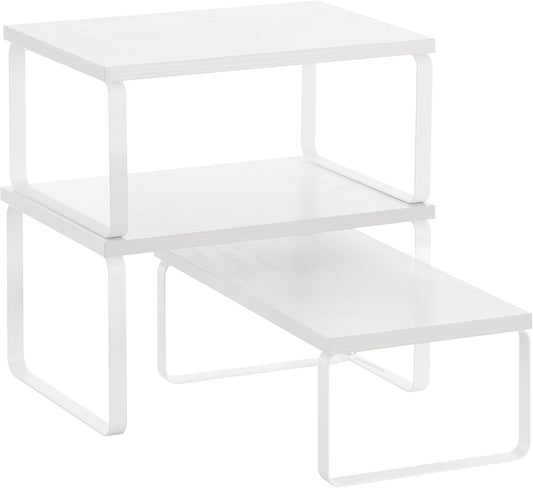 SONGMICS Cabinet Organizer Shelf, Set of 3 Kitchen Counter Shelves, Kitchen Storage, Spice Rack, Stackable, Expandable, Snow White and Matte White UKCS220W01