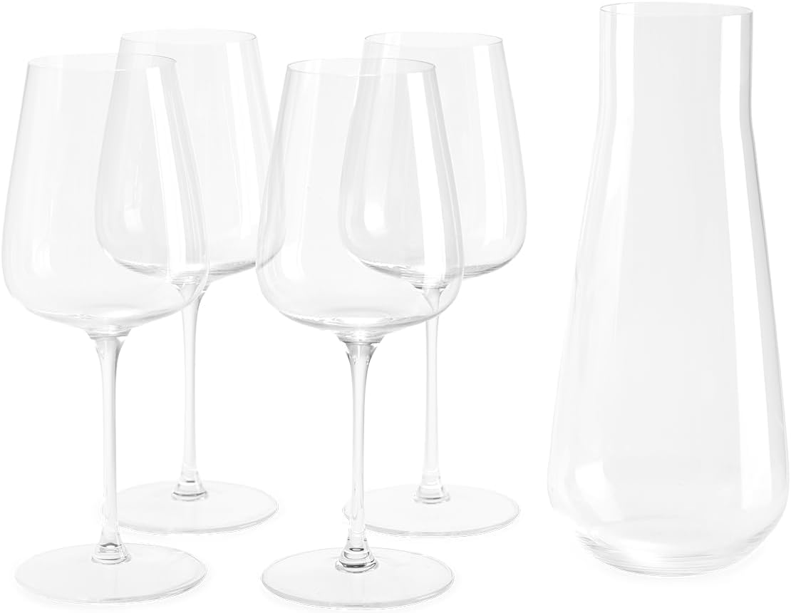 Fable Premium Wine Set - Includes 4 Crystal Wine Glasses and 1 Durable Glass Carafe - Dishwasher Safe Crystalware Bundle with Matching Carafe, Clear