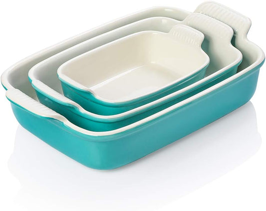 Sweejar Baking Pans Set, Ceramic 9x13 Baking Dish with Handle, Rectangular Casserole Dishes for Oven, Bakeware Sets of 3, Durable Lasagna Pan Deep for Kitchen, Banquet, Wedding Gift(Turquoise)