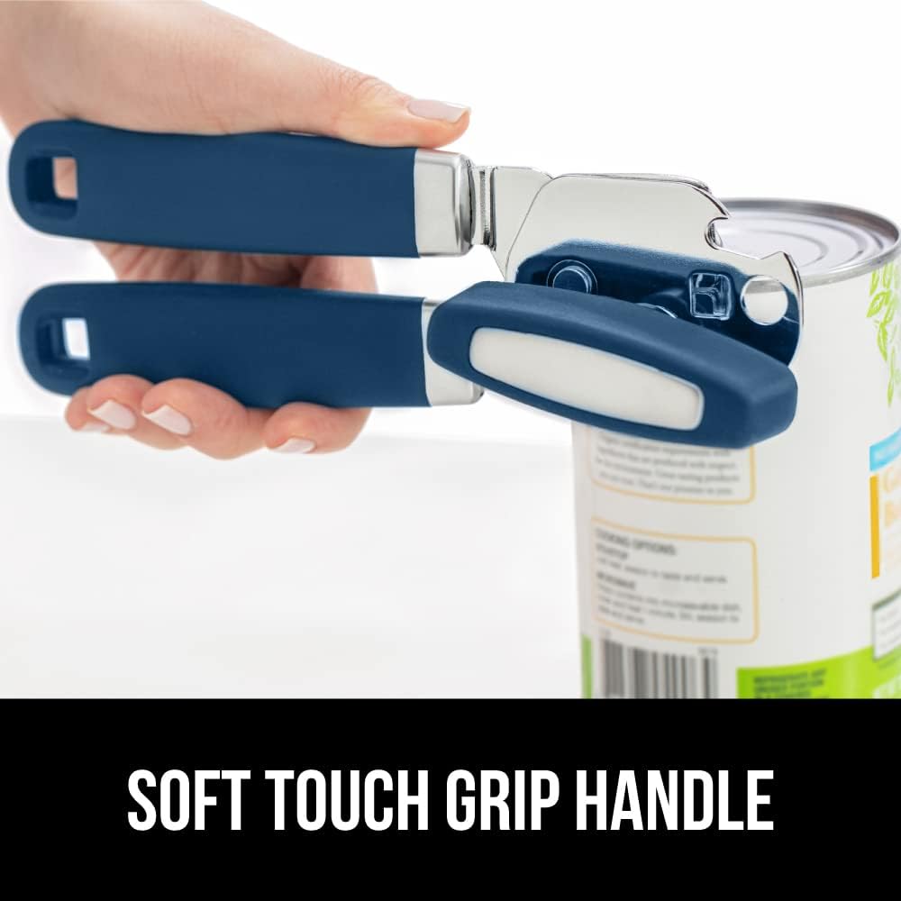 GORILLA GRIP Heavy Duty Stainless Steel Smooth Edge Manual Can Opener and Bottle Openers, Soft Comfortable Handle, Oversized Handheld Turn Knob, US Designed Multifunctional Kitchen Tool, Blue