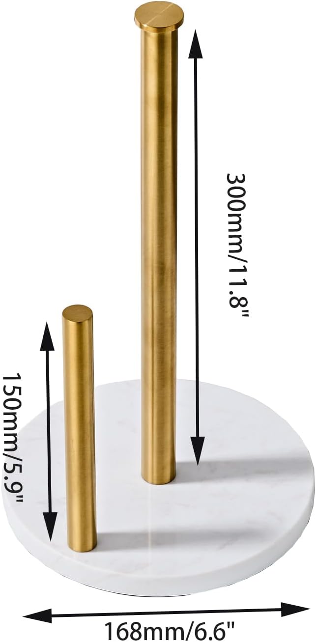 Brushed Gold Paper Towel Holder,Stainless Steel Paper Towel Holder for Kitchen Roll Organize, Standard or Jumbo-Sized Roll Paper, Countertop Roll Dispenser with Marble Base