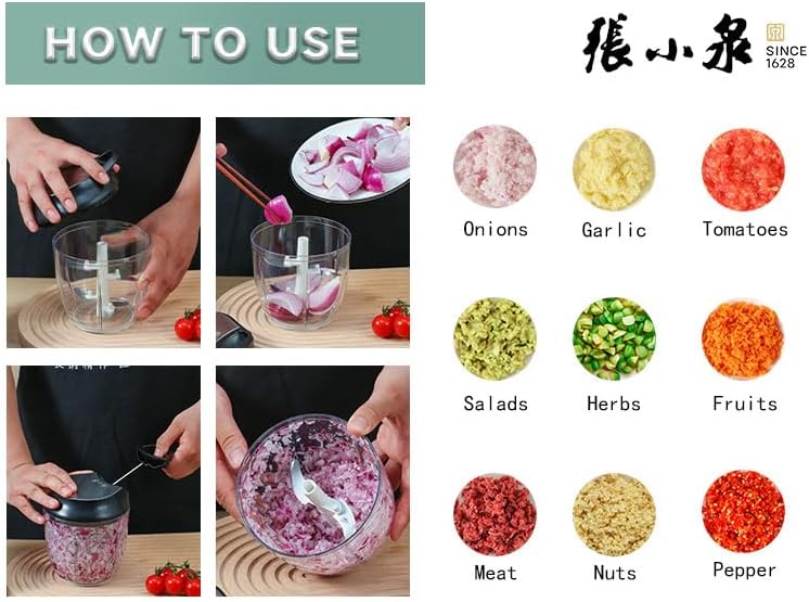 ZHANG XIAO QUAN SINCE 1628 Manual Vegetable Chopper, Hand Pull String Garlic Mincer Onion Cutter for Veggie, Peppers, Tomatoes, Ginger, Fruits, Nuts, 3.6 Cup(900ml) Food Chopper With Egg Whisk