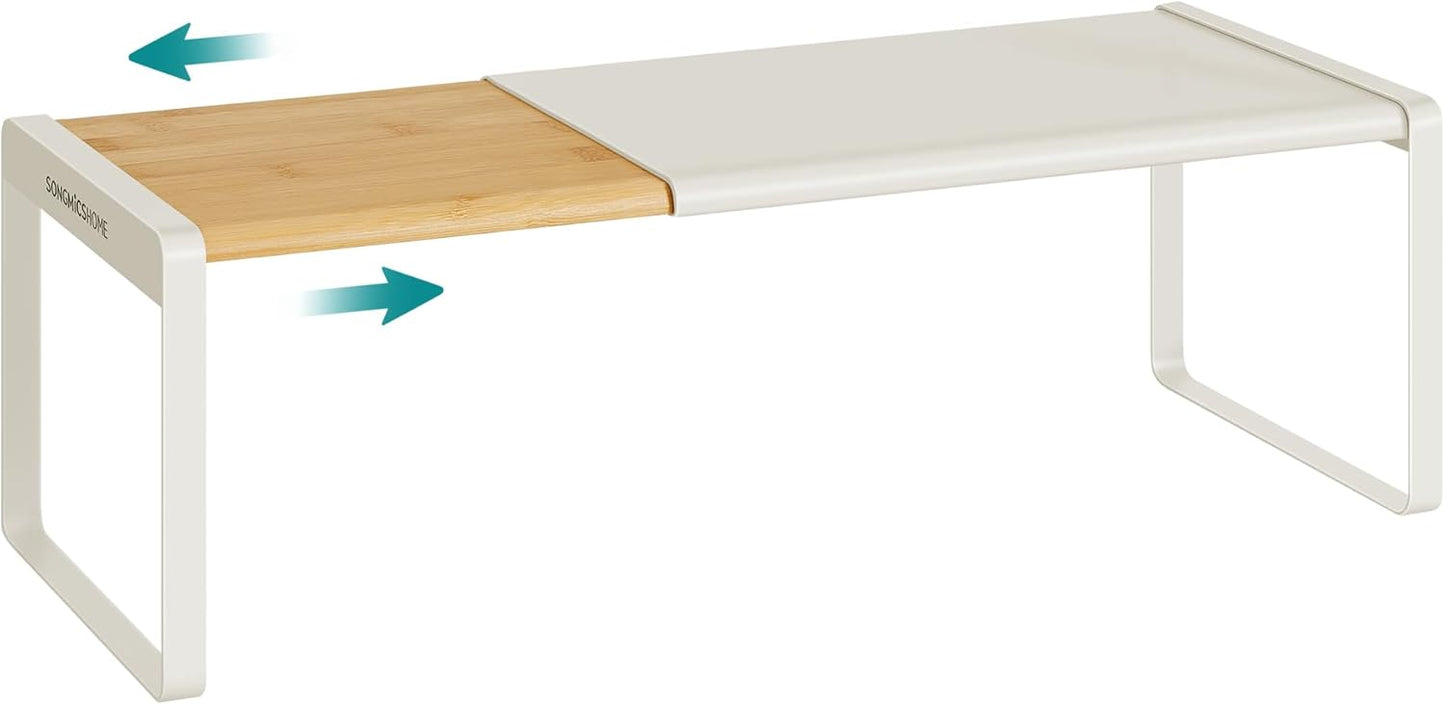 SONGMICS HOME Spice Rack, Expandable Cupboard Shelf Orgnizer, Kitchen Counter Shelf, Bamboo and Metal, Space-Saving Shelving, Stackable, Light Bamboo and Cream White UKCS052W01
