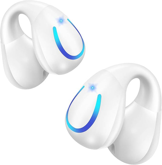 Open Ear Bone Conduction Headphones Bluetooth 5.3 Clip On Earbuds with Digital Display Charging Case 60 Hours Playtime Sport Earphones Built-in Mic IPX7 Waterproof for Running Fitness White