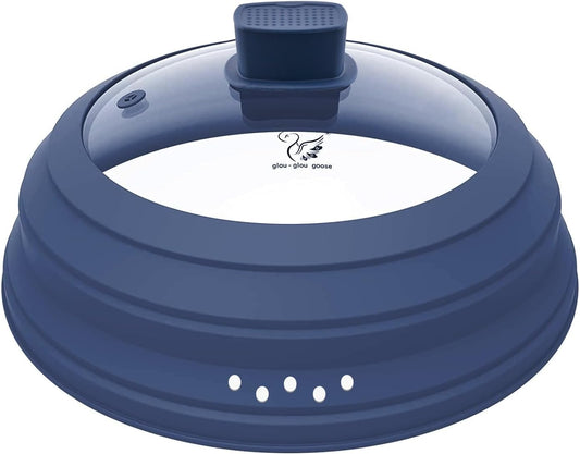 Microwave Splatter Cover Glass Guard Lid with Collapsible Silicone for Food Pot Plate Cover 9.8 inch Dark Blue