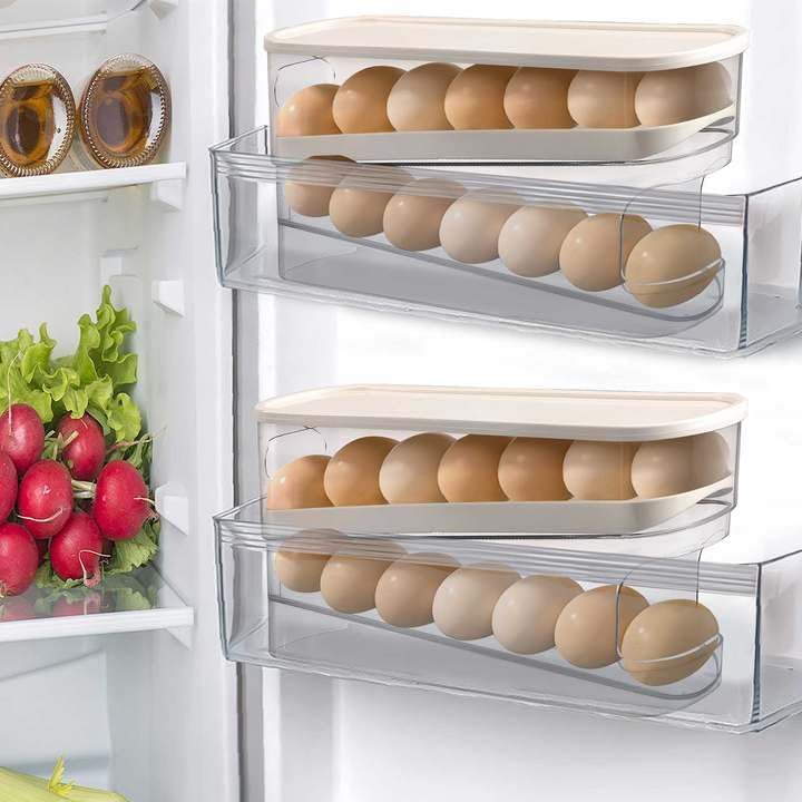 Longzhuo Egg Holder for Fridge, 2 Pcs 2 Layers Auto Rolling Egg Organizer for Refrigerator, for Refrigerator, Countertop, Pantry Organizers and Storage, Clear