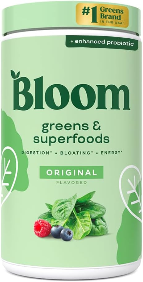 Bloom Nutrition Superfood Greens Powder, Digestive Enzymes with Probiotics and Prebiotics, Gut Health, Bloating Relief for Women, Chlorella, Green Juice Mix with Beet Root Powder, 60 SVG, Original