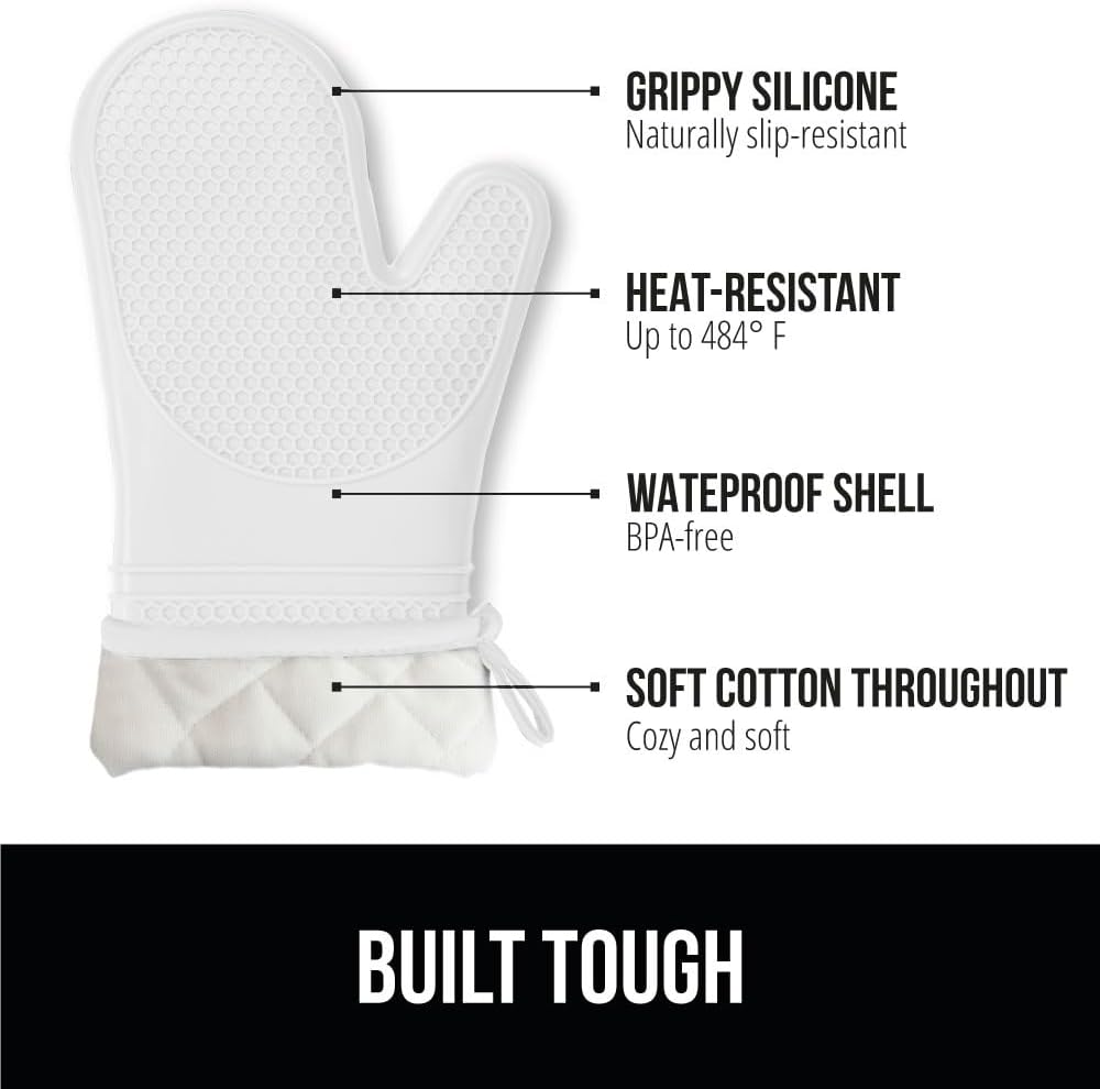 GORILLA GRIP BPA-Free Soft Silicone Oven Mitts, 14.5x8.3, Heat Resistant and Waterproof Cooking Gloves, Thick Cotton Lining, Flexible Gripping for Baking Grilling, Kitchen Potholders Set of 2, White