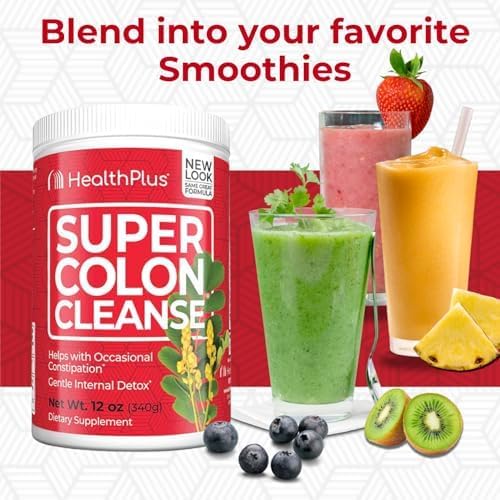 Health Plus Super Colon Cleanse, 12 oz Powder, 68 Servings - Natural Detox, Digestive Constipation Relief, Gentle Gut Cleanse with Psyllium Husk & Senna Leaf