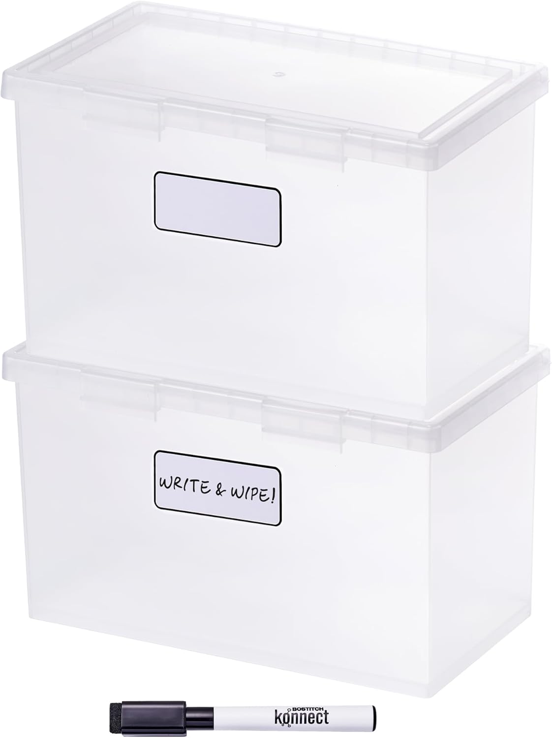 Bostitch Konnect Storage Containers with Lids, Organizer, Clear Plastic Box, Stackable Nesting Bins, Large, 2 Pack