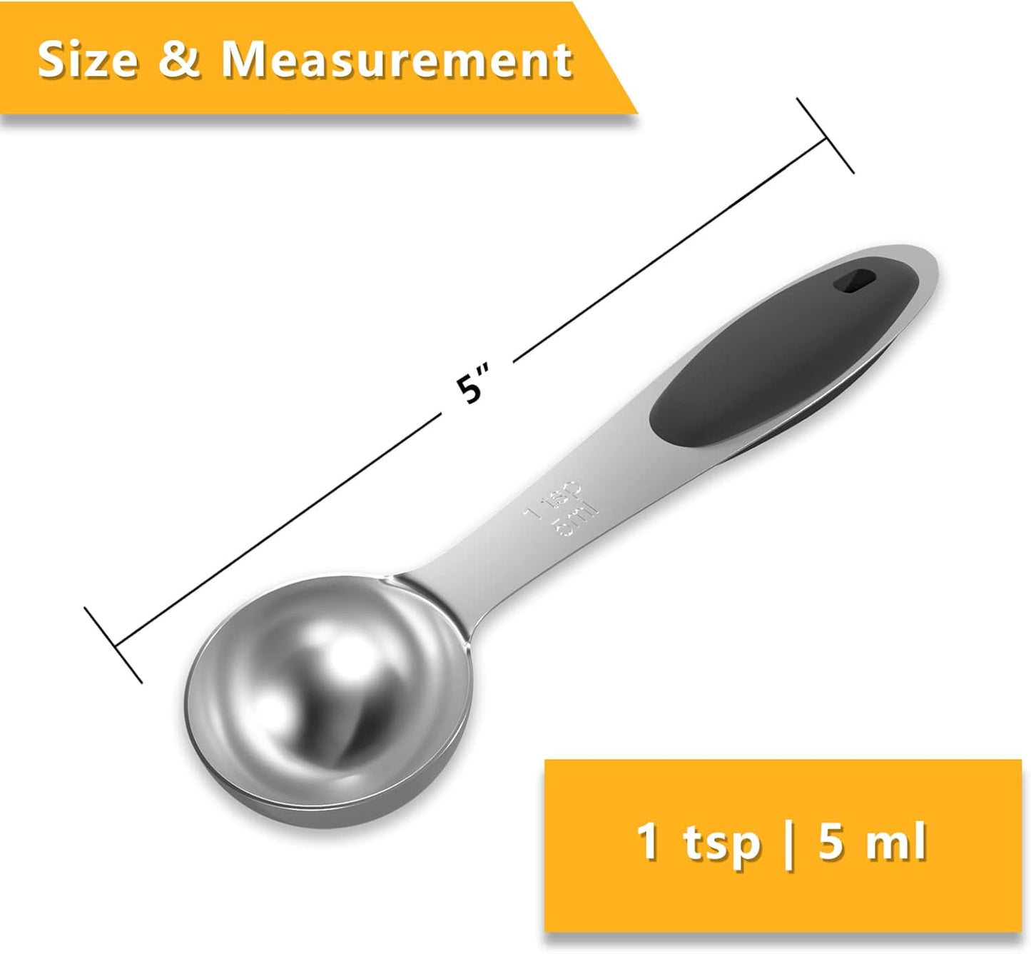 4PCS 1 Tsp(1/3tbsp, 1/6oz, 5ml) Single Measuring Spoon with Black Silicone Grip, Stainless Steel Individual Measure Scoop Only