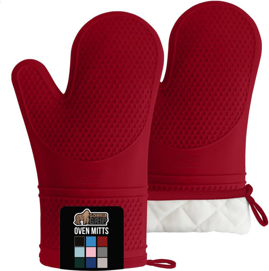 GORILLA GRIP BPA-Free Soft Silicone Oven Mitts, Heat Resistant and Waterproof Cooking Gloves, Thick Cotton Lining, Flexible Gripping for Baking Grilling, Kitchen Potholders Set of 2, 12.5x8.3, Red