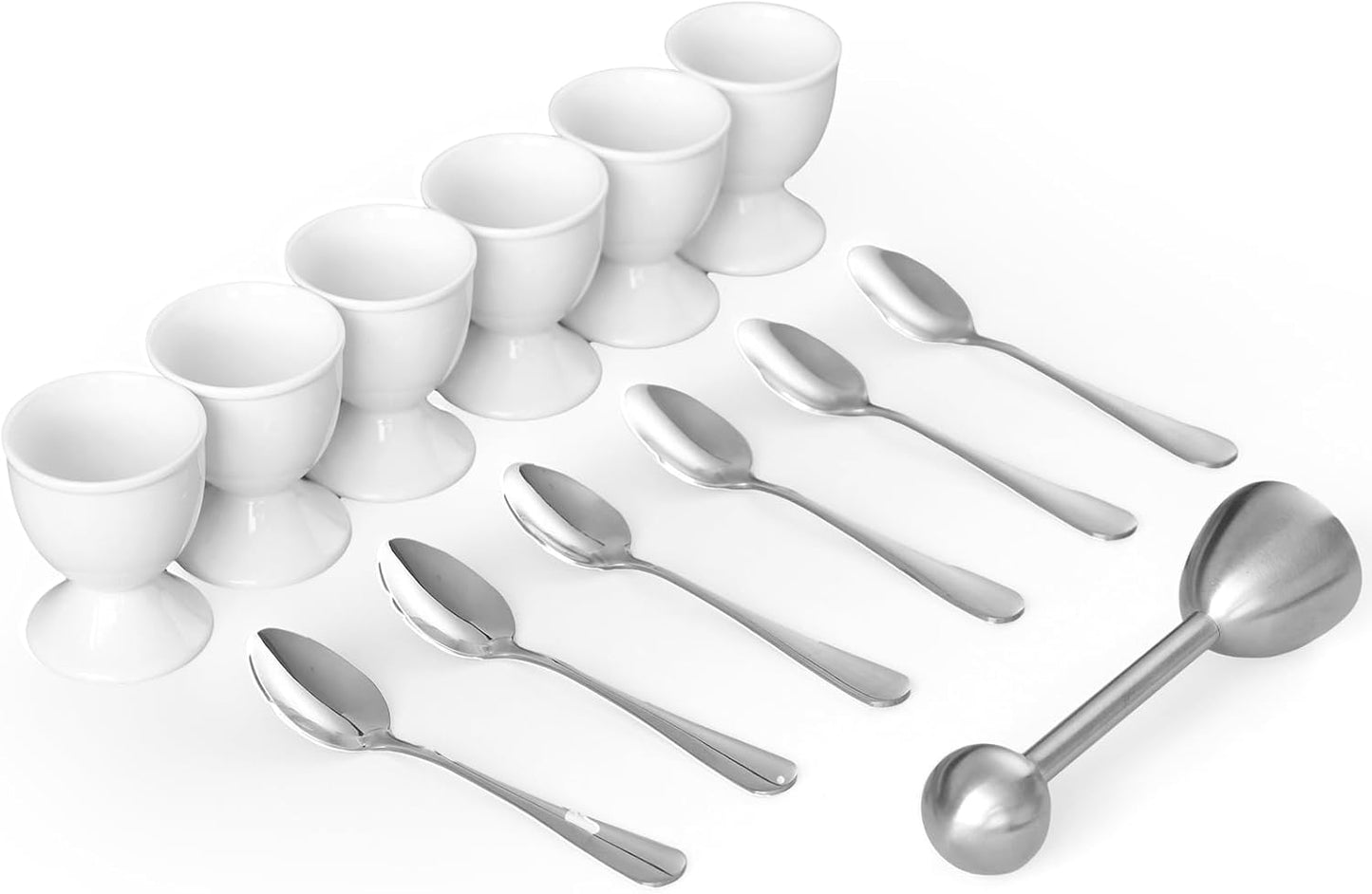 Cinf White Ceramic Egg Cups & Cracker Set | Set of 6 Ceramic Egg Cups + 6 SS Spoons + 1 Egg Topper Breakfast Boiled Cooking Easy to Clean Childhood Memories Kitchen