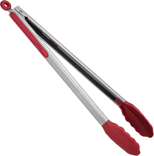 Heat Resistant Silicone Kitchen Tong: U-Taste 16 inch Extra Long Large 480ºF Hot Proof Cooking Tong with Sturdy Non Stick Rubber Tips & Non Slip Silicon Coated Steel Handle for Grilling BBQ (Red)