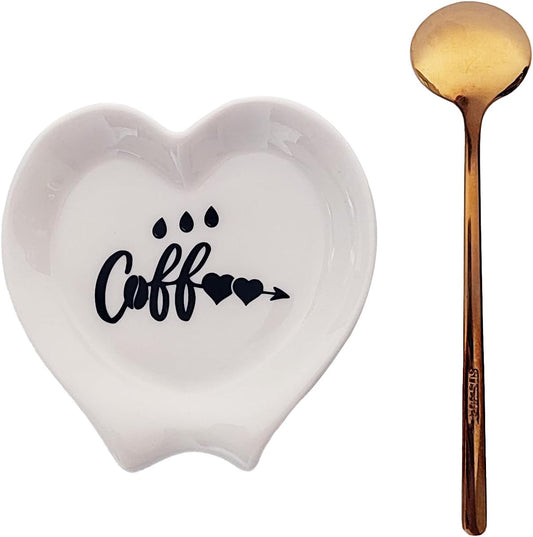 Heart-shaped Coffee Spoon Rest, Mini Coffee Spoon Holder, Coffee Stirrers, Teaspoon, Bar Spoon Rest, Coffee Bar Accessories (Ture white+Gold Spoon)