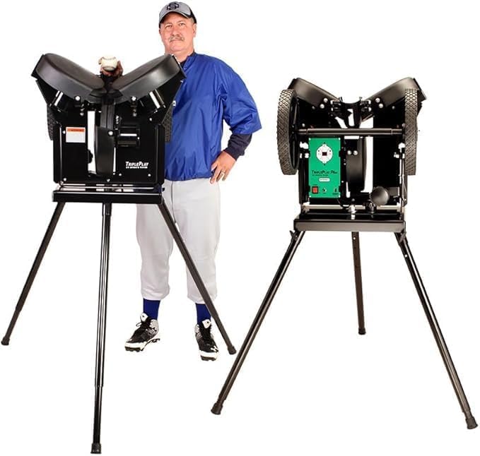 TriplePlay Basic - Baseball Pitching Machine with Three Pitching Wheels and Dial Controls