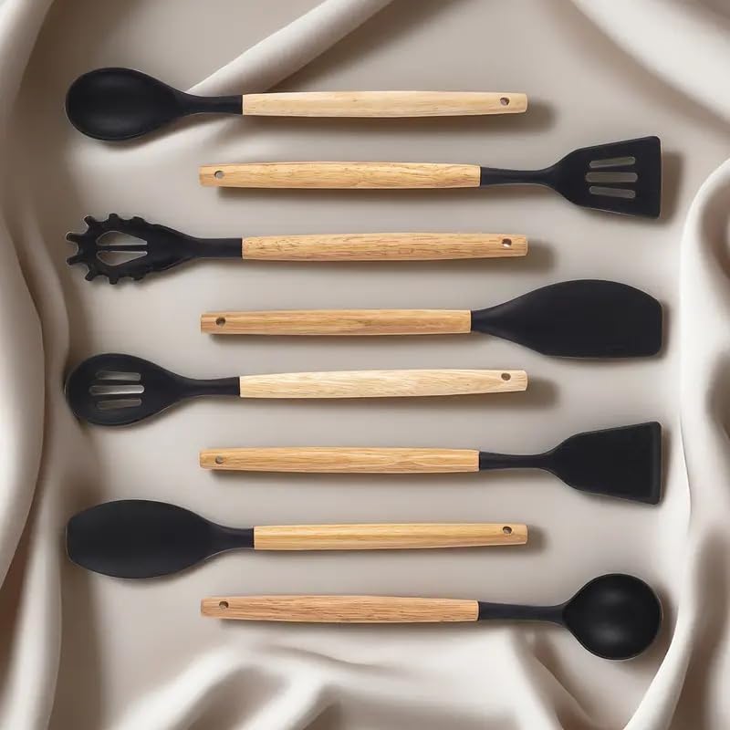 Kitchen Utensil Set with Holder, 19-Piece Silicone Cooking Tools, Wooden Handles, Available in White, Grey, Pink,Black (Black)