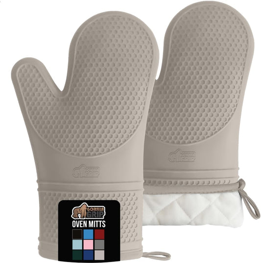 GORILLA GRIP BPA-Free Soft Silicone Oven Mitts, Heat Resistant and Waterproof Cooking Gloves, Thick Cotton Lining, Flexible Gripping for Baking Grilling, Kitchen Potholders Set of 2, 12.5x8.3, Almond