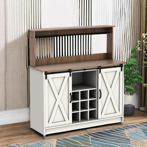 4ever2buy Farmhouse Coffee Bar Cabinet with Hutch, 47 Inch Buffet Cabinet with Storage, White Wine Bar with 9 Wine Racks and 6 Hooks, Coffee Bar Table with Adjustable Shelves for Living Dining Room