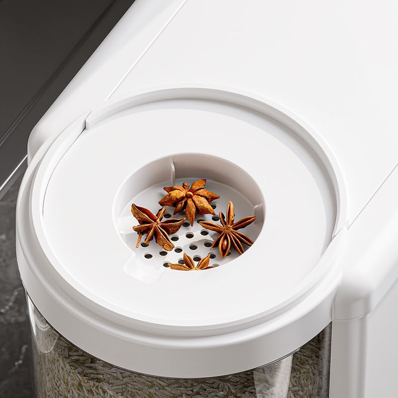 25 Lbs Rice Container with Measuring Cup, Upgraded Built-in Fresh Box, Cereal Dispenser Storage with Lids for Home Kitchen Pantry Rice Soybean Corn And large grain grains-White