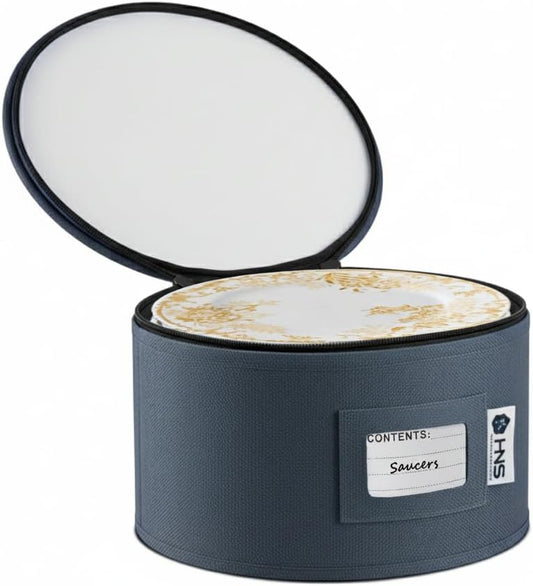 Saucers Storage Container - Hard Shell China Organizer with Dividers - Holds 12 Plates of 7" - Durable & Stackable Storage Box for Seasonal Dishware Protection - Denim Blue